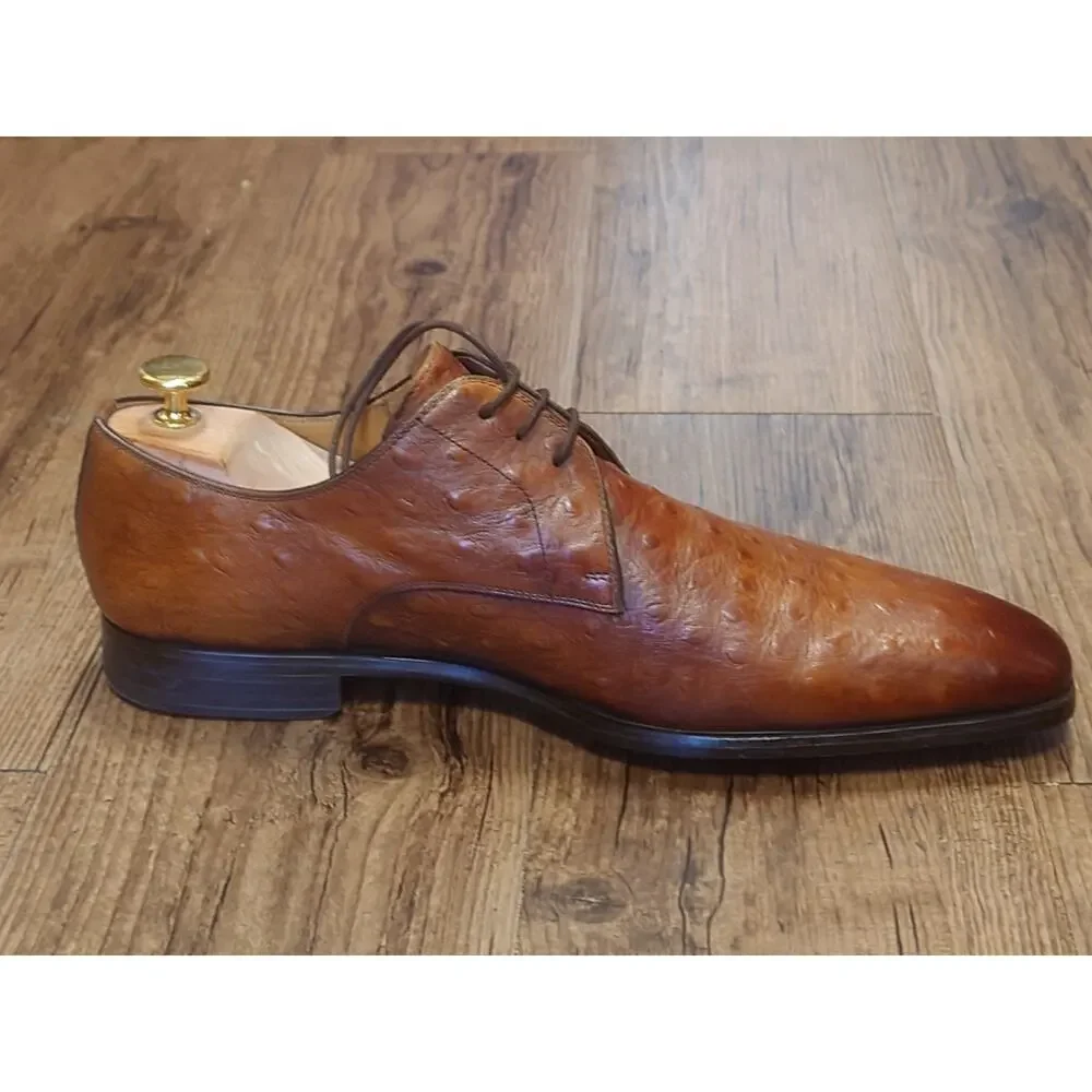 Magnanni Men’s 10M Light Brown Burnished Ostrich Stamped Leather Dress Shoes